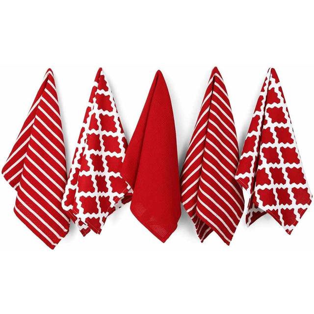 Penguin Home - 100% Cotton Tea Towel Set of 5 - Soft, Durable & Super Absorbent - Stylish Red Design with Multiple Patterns - Machine Washable - 65...