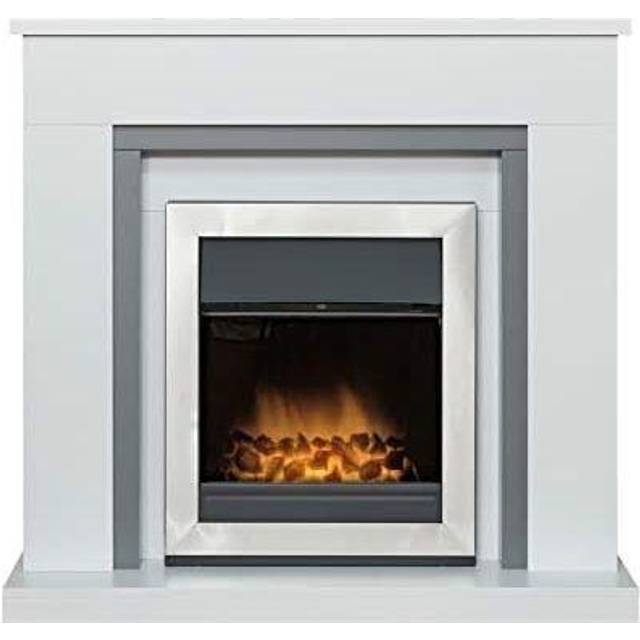 Adam Milan Fireplace in Pure White & Grey with Vancouver Electric Fire in Brushed Steel, 39 Inch - One Size