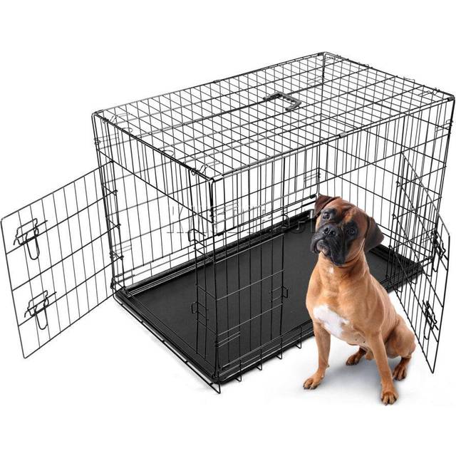 42' Folding Pet Dog Puppy Metal Training Cage Crate Carrier Xlarge Black 2 Doors - Foxhunter