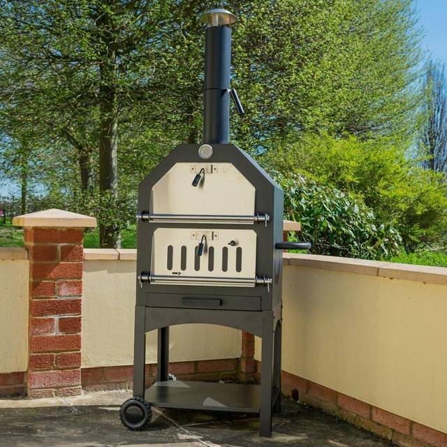 KCT Outdoor Wood Fired Pizza Oven with Stone, Temperature Gauge and Storage Shelf