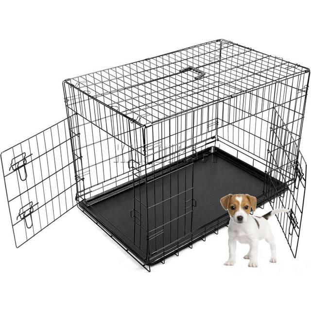 Foxhunter - 24' Folding Pet Dog Puppy Metal Training Cage Crate Carrier Small Black 2 Doors