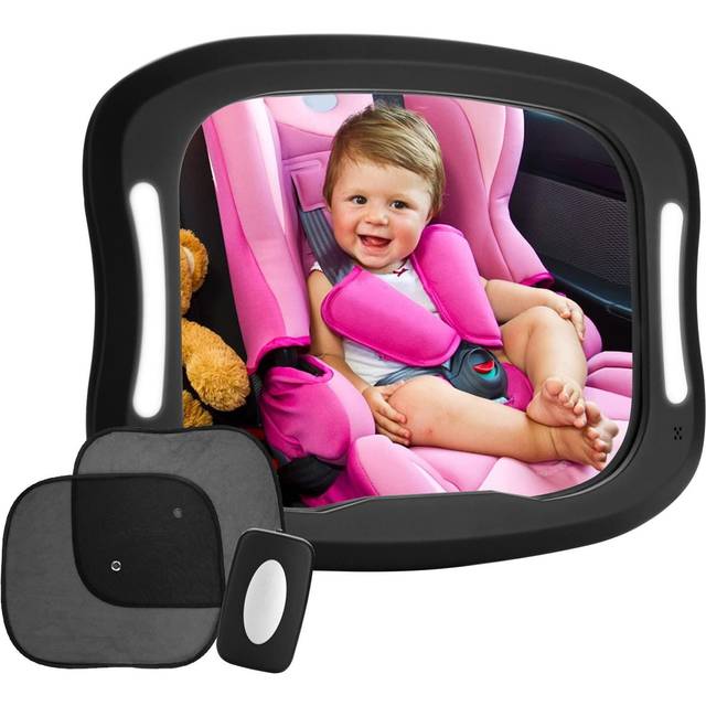 LED Baby Car Mirror, Safety Infant in Backseat 360Adjustable Light Up Mirror for Baby Rear with Best Newborn Secure 4 Sturdy Strips,Remote Control