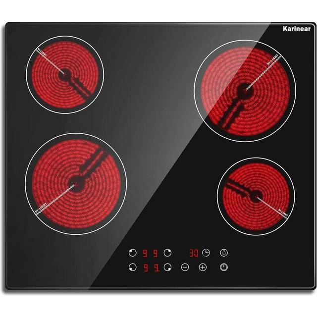 Karinear - Ceramic Hob, 4 Zone Electric Hob 60cm Built-in Ceramic Cooker with Double Ring Zone Function, 6600W Hard Wired Touch Control with Child