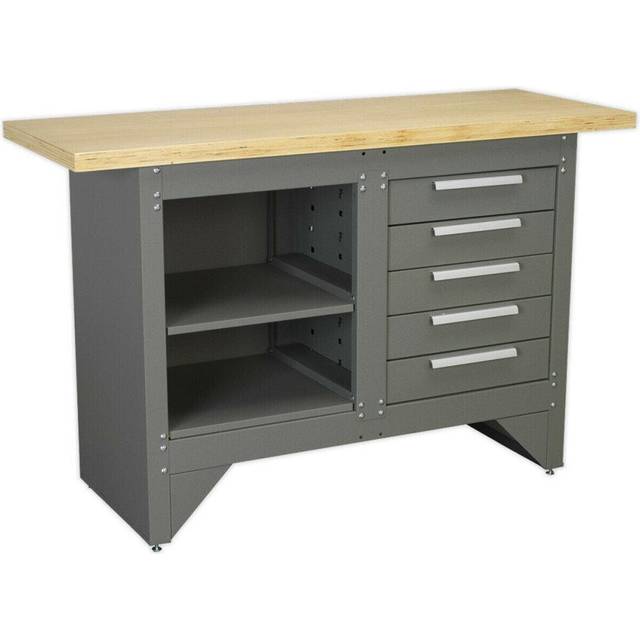 Heavy Duty Steel Workbench - Shelf & 5 Draw Storage - Wooden Work Top Station