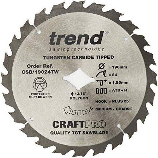 Wood Cordless ATBR Circular Saw Blade, 190mm Diameter, Diamond Bore, 24 Teeth, TCT, 1.6mm Kerf, +24 Hook, CSB/19024TW