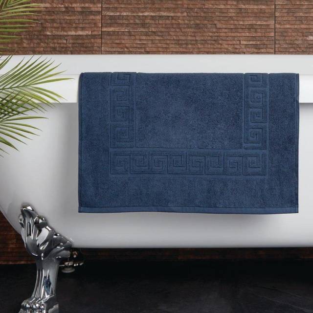 Mitre Essentials Nova Bath Mat Navy - 700GSM Cotton, Grecian Key Design