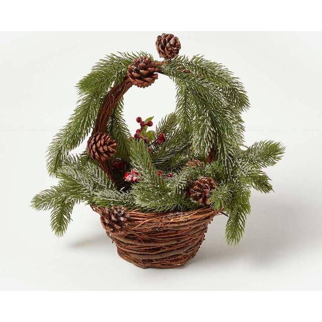 Festive Wicker Basket Christmas Decoration with Green Fir, Berries and Pinecones - Red