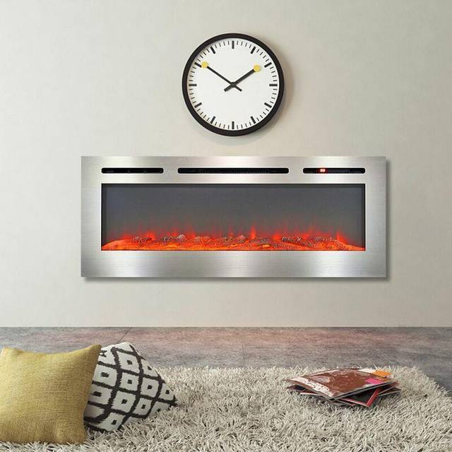 Livingandhome - 60inch led Electric Wall Mounted Fireplace Recessed Fire Heater 12 Flames With Remote Linear Electric Fireplace Recessed in Chrome