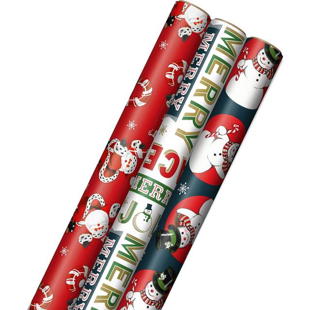 "Hallmark Vintage Christmas Wrapping Paper Cut Lines on Reverse (3 Rolls: 120 sq. ft. ttl) Dancing Santas  Classic Snowman  """"Merry  Jolly  Happy  Peac"