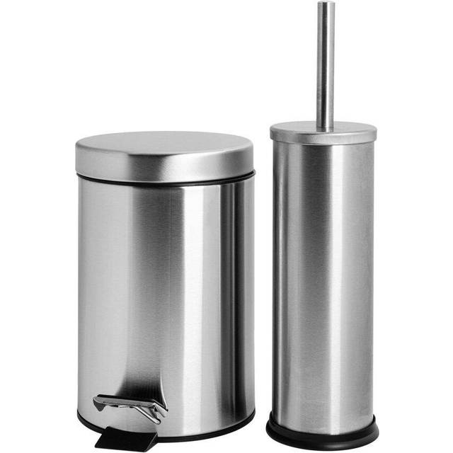 Matt Round Stainless Steel Toilet Brush & Bin Set - Brushed Silver