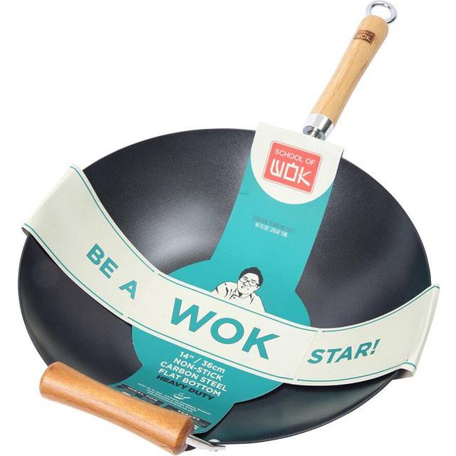 School of Wok by Dexam 14"/36cm Heavy Duty Non-Stick Carbon Steel Wok, Black