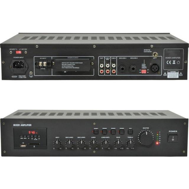 100V 240W 4 Zone Mixer Amplifier 8Ohm Speaker Splitter Rack Mount USB FM Tuner