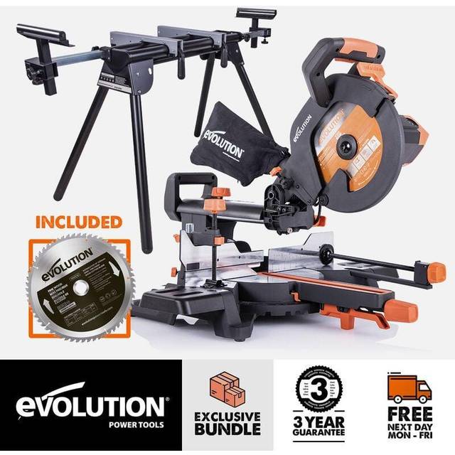Evolution Bundle - R255SMS+ 255mm Sliding Compound Mitre Saw with Mitre Saw Stand and 60 Tooth Fine Wood Cutting Blade (230V)