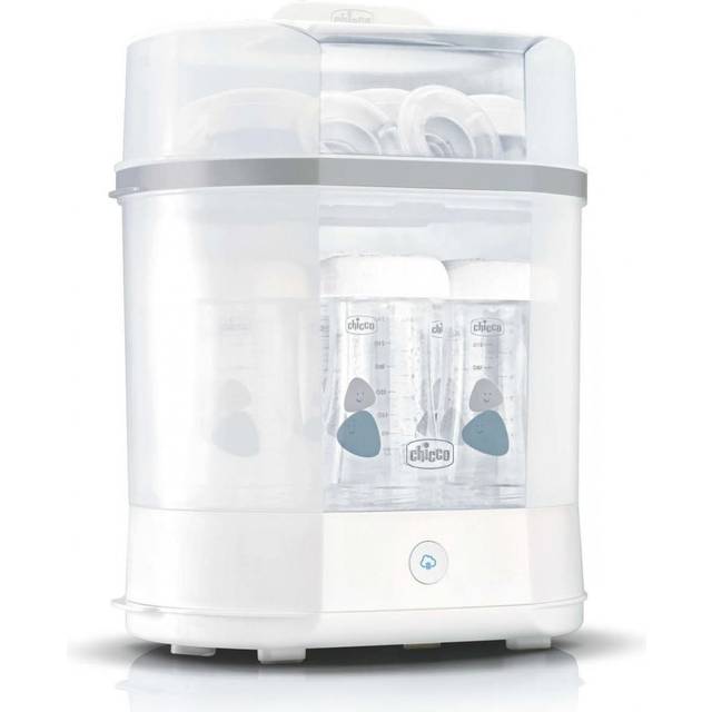 Chicco Elektrisk sterilisator, flasksterilisator, bröstpump och napp, med 3 automatiska inställningar och avstängning, lämplig för mikrovågsugn, för sterilisering av upp till 6 flaskor på 330 ml, vit
