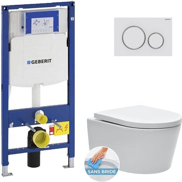 Geberit - Toilet frame + sat rimless wc + Soft close seat + White/chrome matt flush plate (GebSATrimless-J)