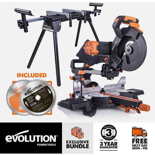 Evolution Power Tools - Evolution Bundle - R255SMS-DB+ 255mm Double Bevel Sliding Mitre Saw with Mitre Saw Stand and 60 Tooth Fine Wood Cutting Blade