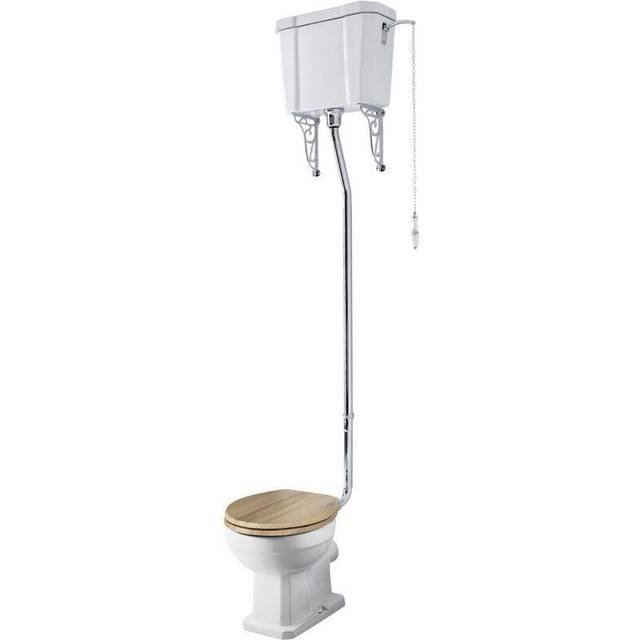 Milano Richmond - White Ceramic Traditional Close Coupled Bathroom Toilet Pan wc and High Level Cistern with Oak Effect Seat
