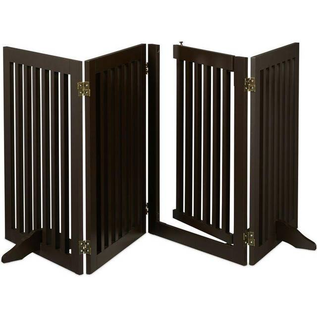 Relaxdays - Safety Gate with Door, Pets and Children, Retractable, with Feet, Free-Standing Barrier, HxW: 70x207 cm, Brown