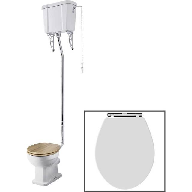 Richmond - White Ceramic Traditional Close Coupled Bathroom Toilet Pan wc and High Level Cistern - White Seat - Milano