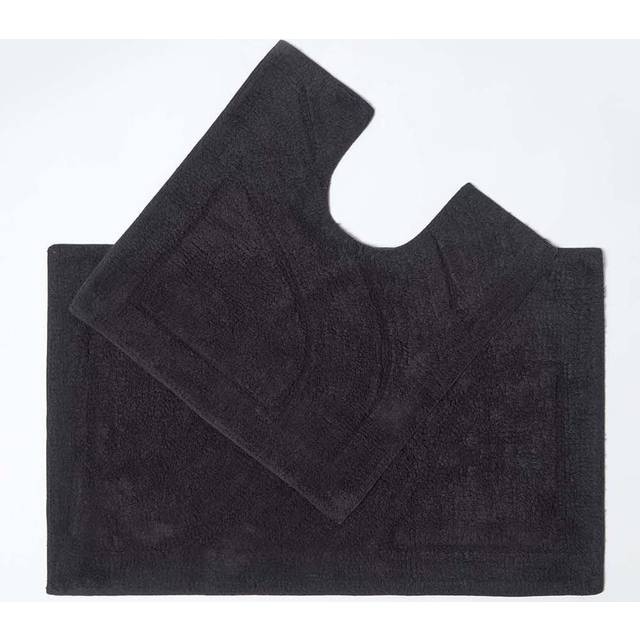 Homescapes Luxury Reversible Black 100% Cotton Pedestal and Bath Mat Set, Machine Washable, Super Absorbent, Soft and Hand-Tufted, Eco Friendly