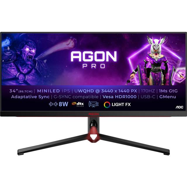 AOC Agon Pro AG344UXM 34-tums WQHD 170 Hz, 1 ms, G-Sync, FreeSync Premium, HDR1000 (3440x1440, HDMI 2.1, DisplayPort, USB-C, USB Hub) svart