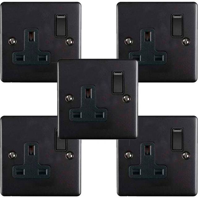 5 PACK 1 Gang Single UK Plug Socket MATT BLACK 13A Switched Power Outlet