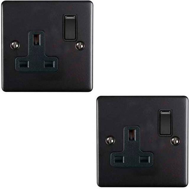 2 PACK 1 Gang Single UK Plug Socket MATT BLACK 13A Switched Power Outlet