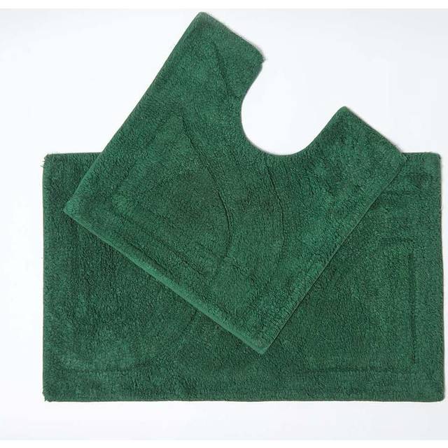 Homescapes Luxury Reversible Bottle Green 100% Cotton Pedestal and Bath Mat Set, Machine Washable, Super Absorbent, Soft and Hand-Tufted, Eco Friendly