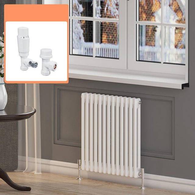 Elegant - 600 x 592 mm White Traditional Column Designer Radiator Double Panel Radiator Heater 2 Column + White Thermostatic Radiator Valves