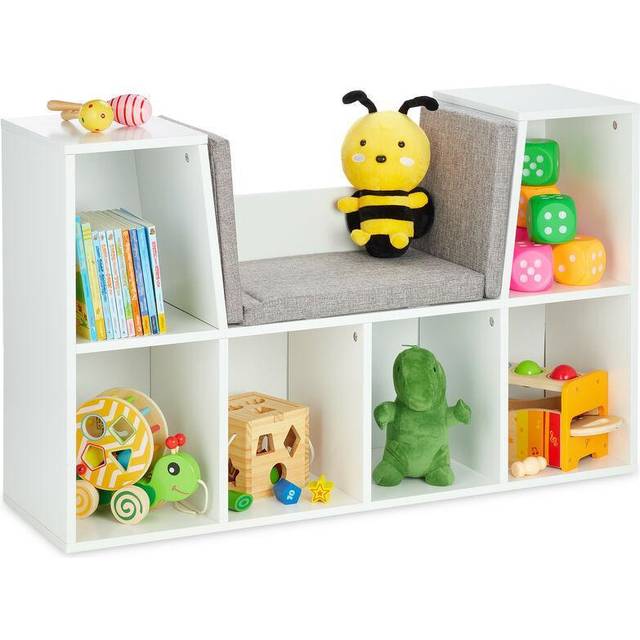Bookcase, with Seat Cushion, Book Shelf with 6 Compartments, 63x103x30 cm, Bench for Children's Room, White - Relaxdays