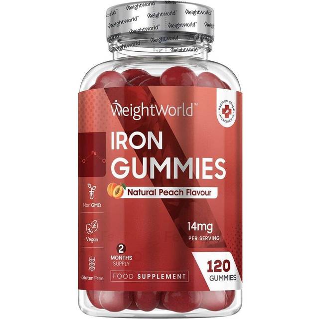 Järn- och C-vitamingummier - 38 mg per portion - 120 järngummier med persikosmak - Immunsystem, ämnesomsättning (EFSA) - 28 mg järn och 10 mg C-vitamin - Alternativ till järntabletter - WeightWorld