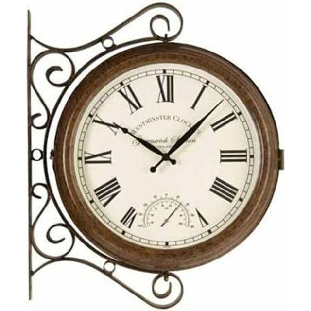Outside in Greenwich Station Wall Clock & Thermometer 15in, Black