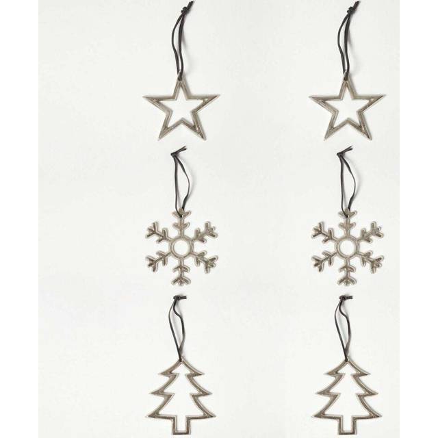 Homescapes Set of 3 Silver Christmas Ornaments Star Tree Snowflake - Grey