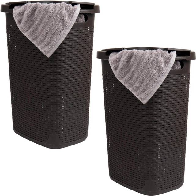 Mind Reader Basket Samling, smal tvättkorg, 60 liter (15 g/33 lbs) kapacitet, utskurna handtag, fäst lock med gångjärn, ventilerat, set med 2, brun