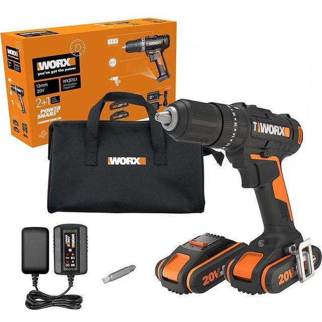 WORX 20V Combi Hammer Drill WX370.1, PowerShare, 18+1+1 Clutch Position, 13mm Keyless Chuck, Portable, 2 Batteries Included