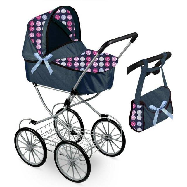 The Magic Toy Shop Dolls Vintage Stroller Blue Buggy with Storage Basket & Carry Bag Pram