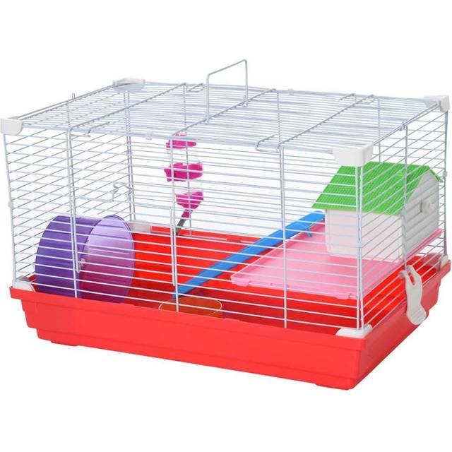 PawHut Hamster Travel Cage Box w/ Double Layers and Accessories - Red, Red
