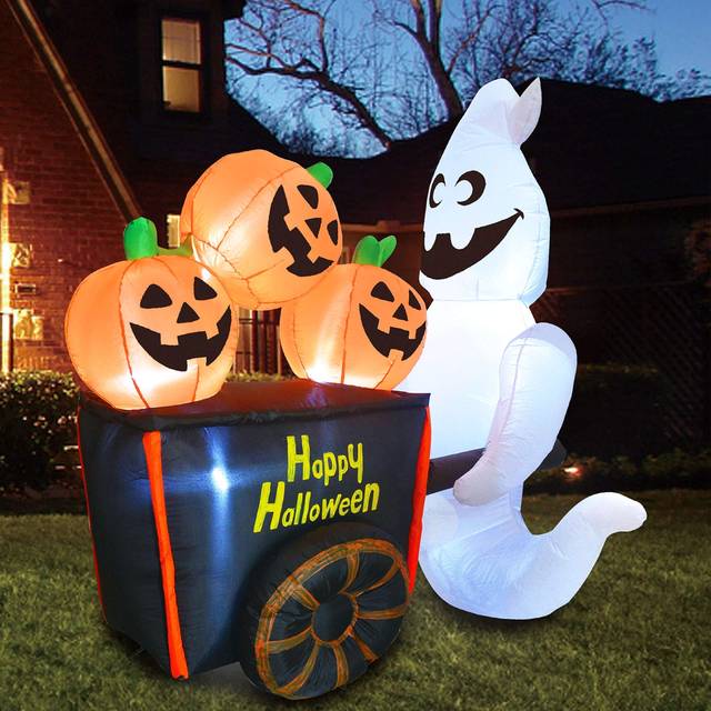 6FT Inflatable Pumpkin Vendor Ghost Decoration - Black&#47;Orange&#47;White (One-Size)