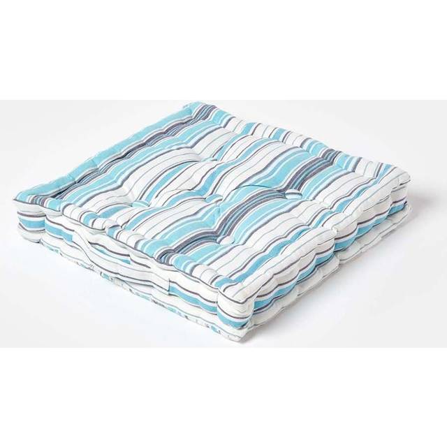 Homescapes 100% Cotton Stripe Floor Cushion, 50 x 50 x 10 cm, Blue, OEKO-TEX Certified, Handcrafted, 20 x 20 x 4"