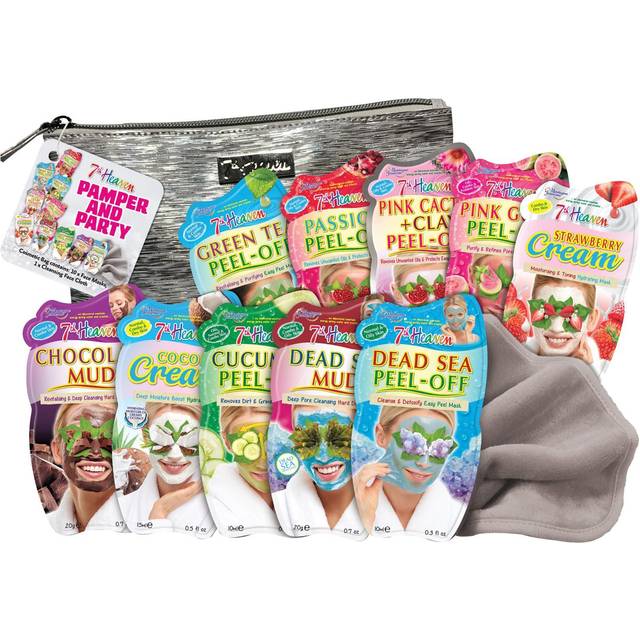 7th Heaven Pamper & Party Bundle with 10 Facial Skincare Masks - Includes a Silver Cosmetics Bag and a Cleansing Face Cloth
