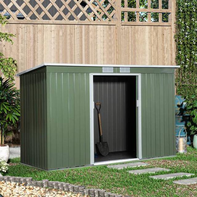 Outsunny 9 x 4FT Outdoor Metal Frame Garden Storage Shed w/ 2 Door - Green | TJ Hughes