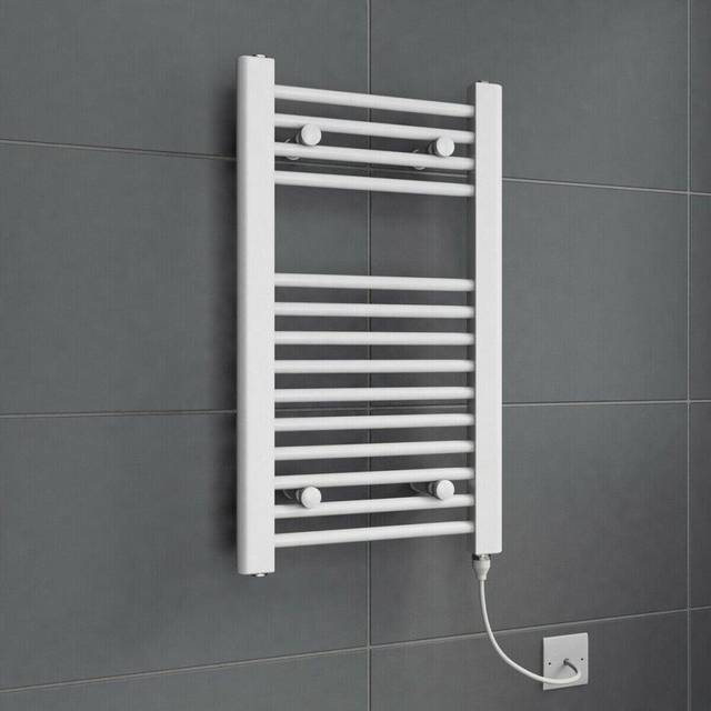 Modern bathroom electric flat towel rail ladder radiator 700 x 400mm white ndt