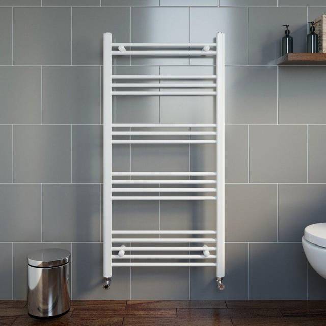 Modern 1200 x 600 bathroom heated towel rail radiator flat white 17 rails
