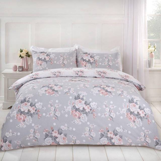 Dreamscene English Rose Floral Duvet Cover Bedding Set - Silver / King