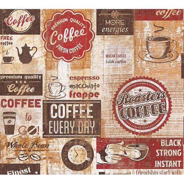 Bistro Coffee Shop Diner Wallpaper Kitchen Vintage Red Brown Beige Embossed