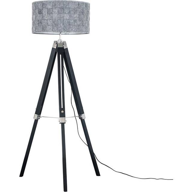 Modern Black Wood and Silver Chrome Tripod Floor Lamp with a Grey Felt Weave Design Cylinder Light Shade