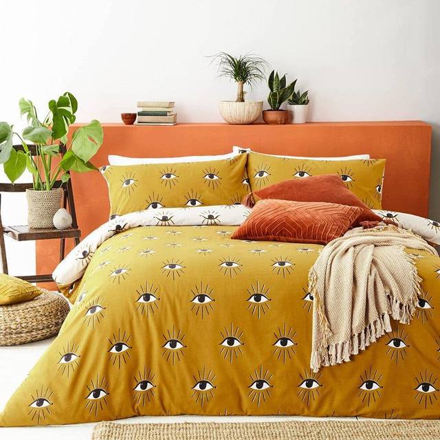 Furn Theia Abstract Eyes Kingsize Duvet Cover Bedding Set Ochre - Yellow/Ochre
