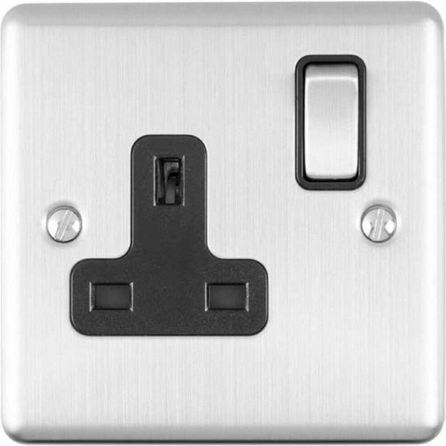 1 Gang Single UK Plug Socket SATIN STEEL 13A Switched Black Trim Power Outlet