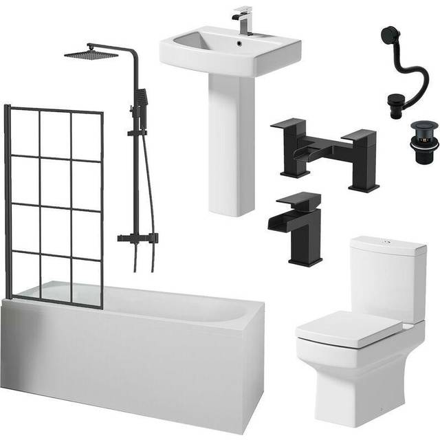 Affine Royan Black Bathroom Suite with 1600mm Single Ended Bath, Toilet, Basin, Taps, Shower & Waste