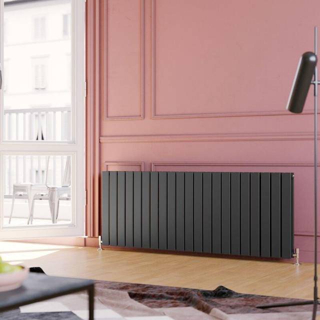 600x1596mm Anthracite Designer Radiator Horizontal Flat Panel Double Panel Radiator with Angled Radiator Valves - Elegant